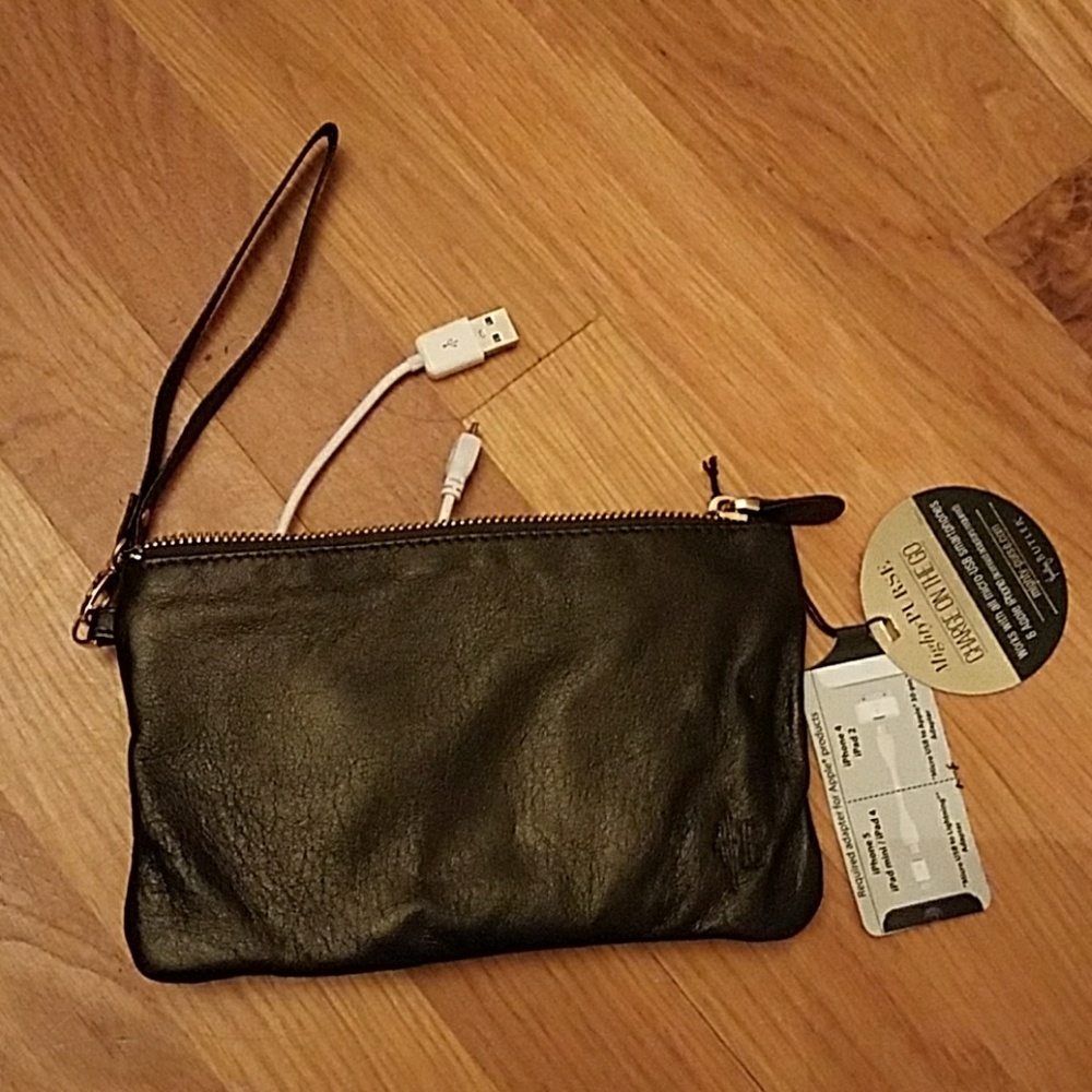 Mighty Purse black leather charging wristlet